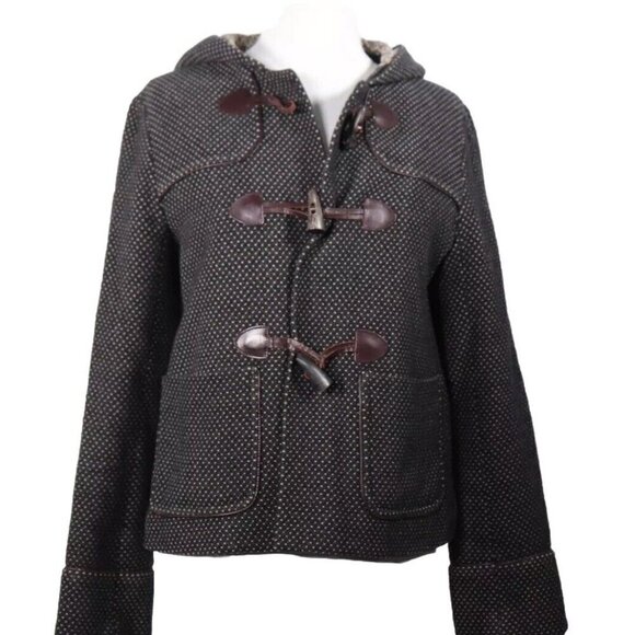 Cacharel Women’s Small Brown Tweed Duffle Coat Wool Elbow Patch Hooded Jacket - Picture 6 of 6